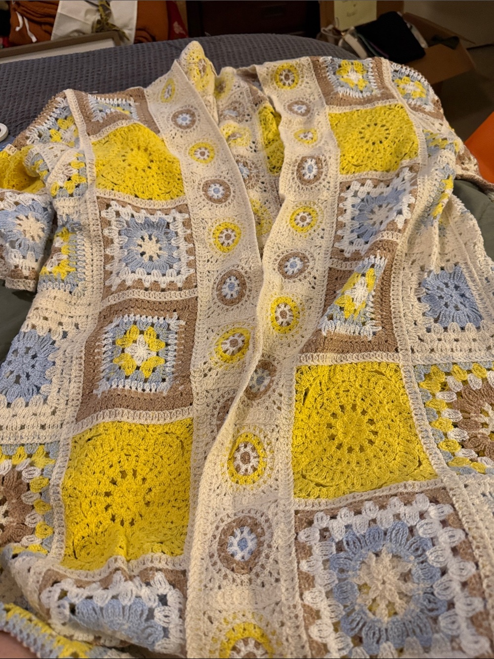 POL Crochet Patchwork Open-Front Cardigan — Yellow, Blue & Cream